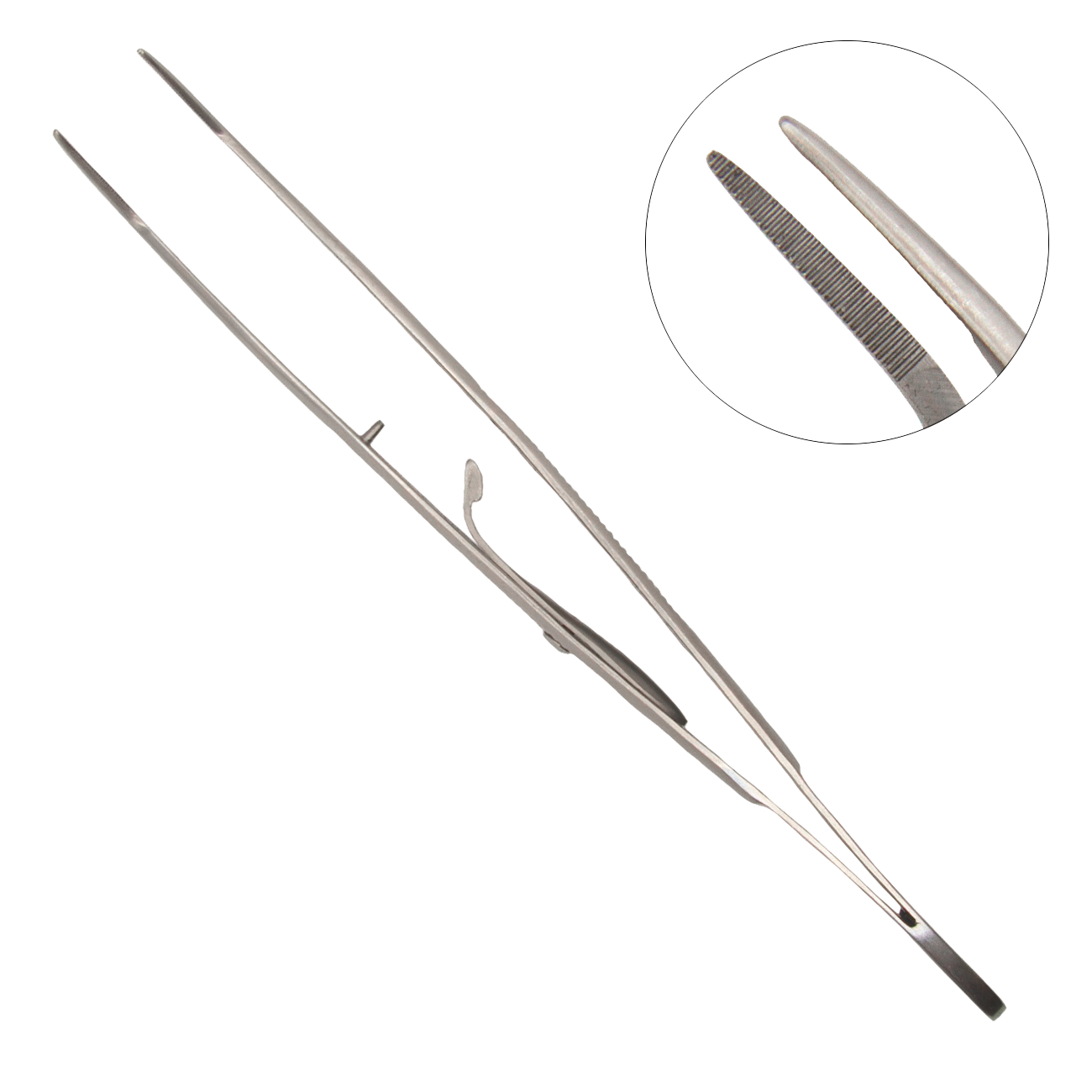 Изогнутый тонкий, остроконечный, бороздчатый пинцет с замком, 155 мм